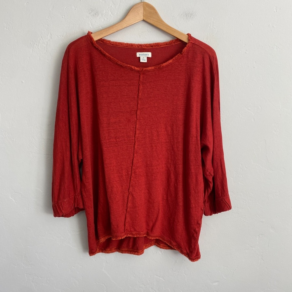 Sundance Ariane Top Women Size Small Burnt Orange Oversized Linen Frayed Hem